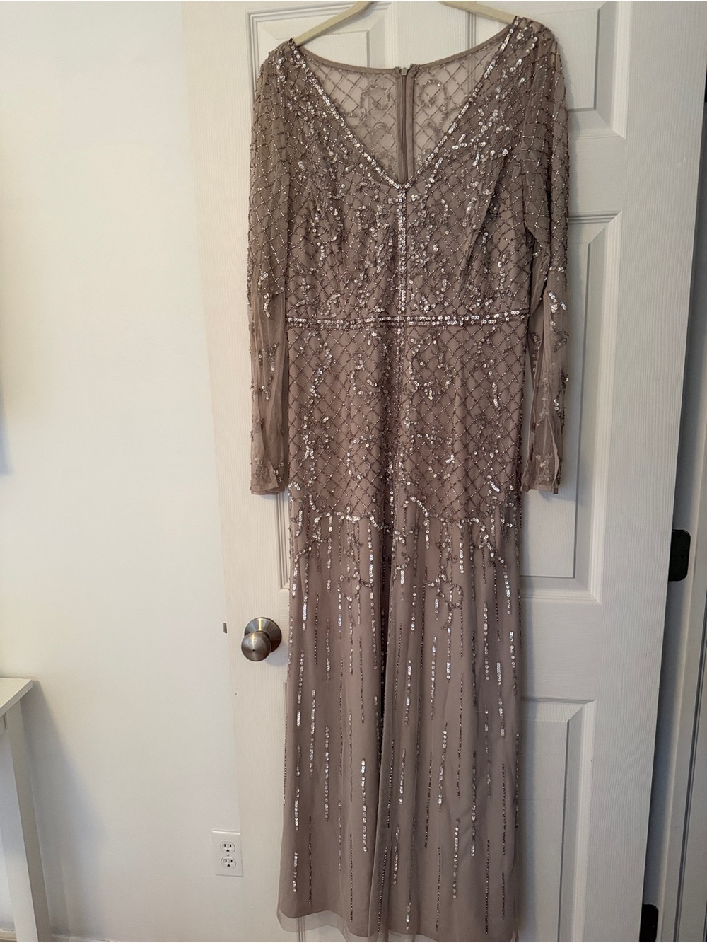 Adrianna Papell Taupe Beaded Long Sleeve Evening Gown